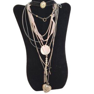 Layered Multistrand Necklace Set With Heart & Floral Pendant Choker to 18" Lengt